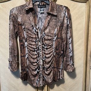 INC Brown Black Gold Metallic Ruched Snake Print Rhinestone Button Front Blouse